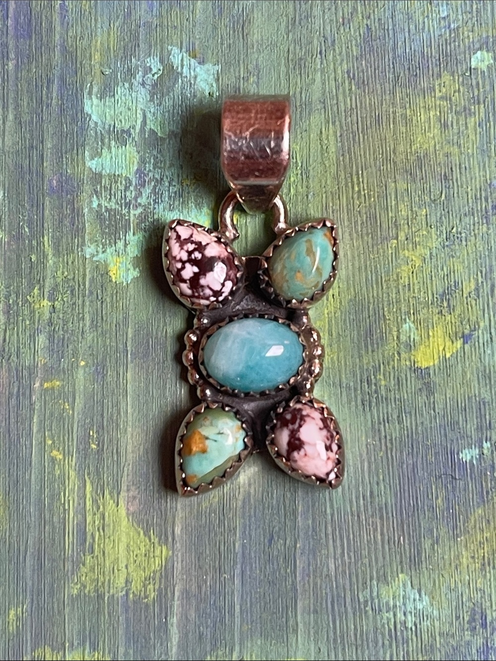 Sterling Silver Turquoise pendant, wild horse, and  Larimar in a shadow box